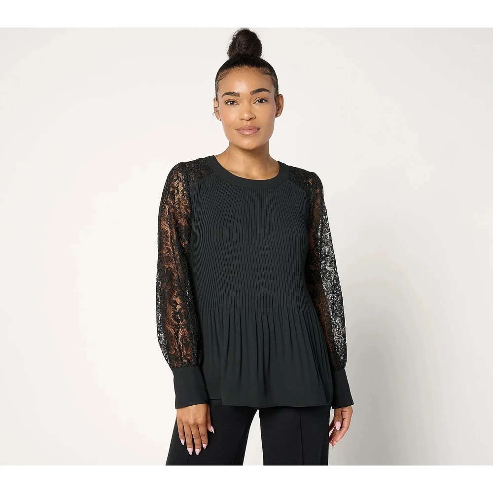 BEAUTIFUL by Lawrence Zarian Lace Detailed Pleated Blouse, Black Sz M  #37.